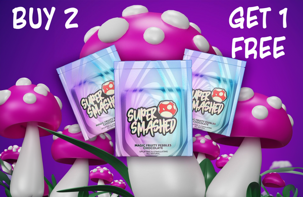 Buy 2 Get 1 Free promotion on a variety of entheogenic-infused products including chocolates, gummies, and capsules, showcasing a diverse selection available for mix and match.