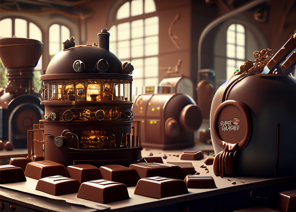 A whimsical chocolate factory crafting entheogenic-infused gummies, chocolates, and capsules, with vibrant machines and busy workers creating transformative treats.
