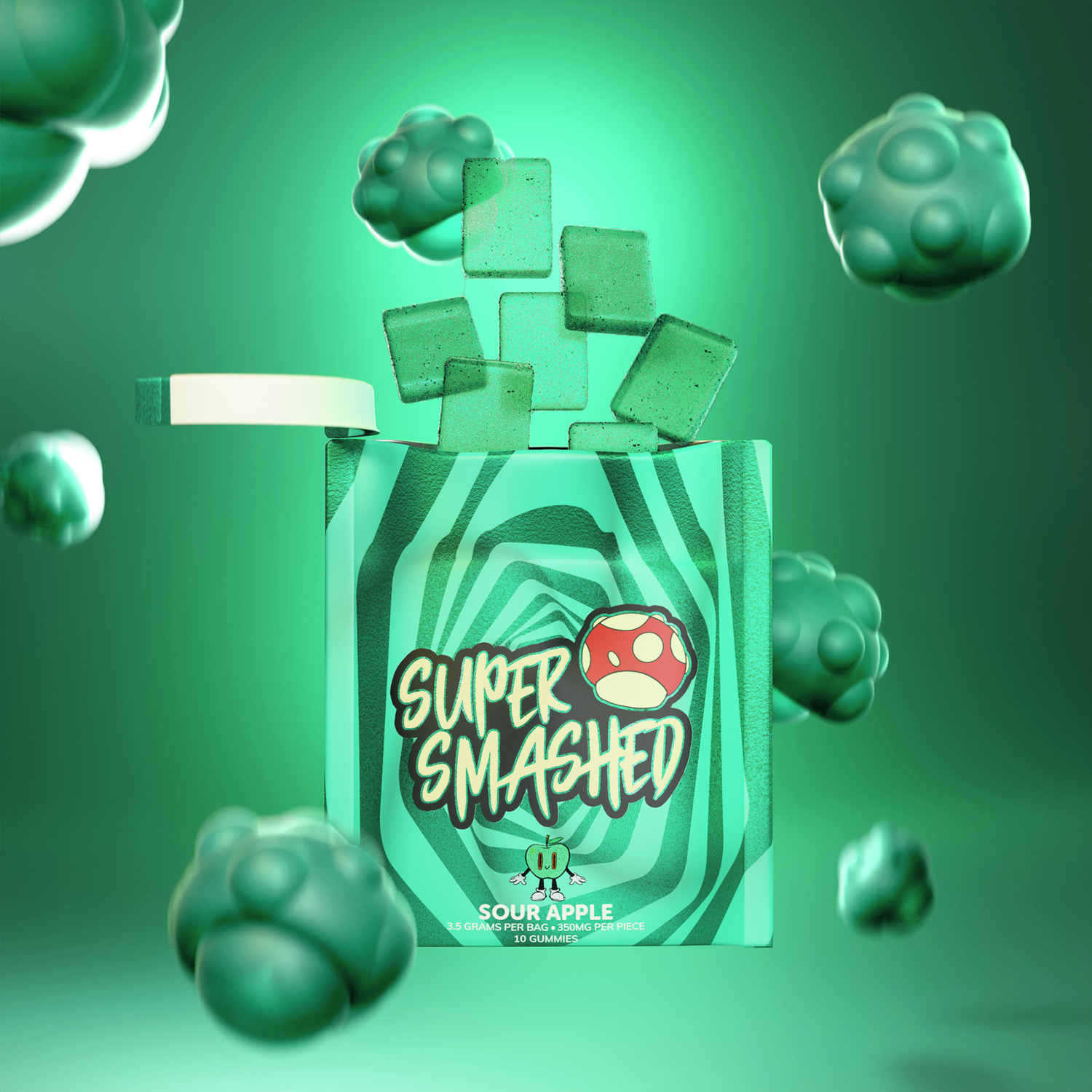 Savor Sour Apple Gummies: Tangy, sweet, vegan, gluten-free, with 375mg per serving for a consistent, uplifting, and energizing experience.