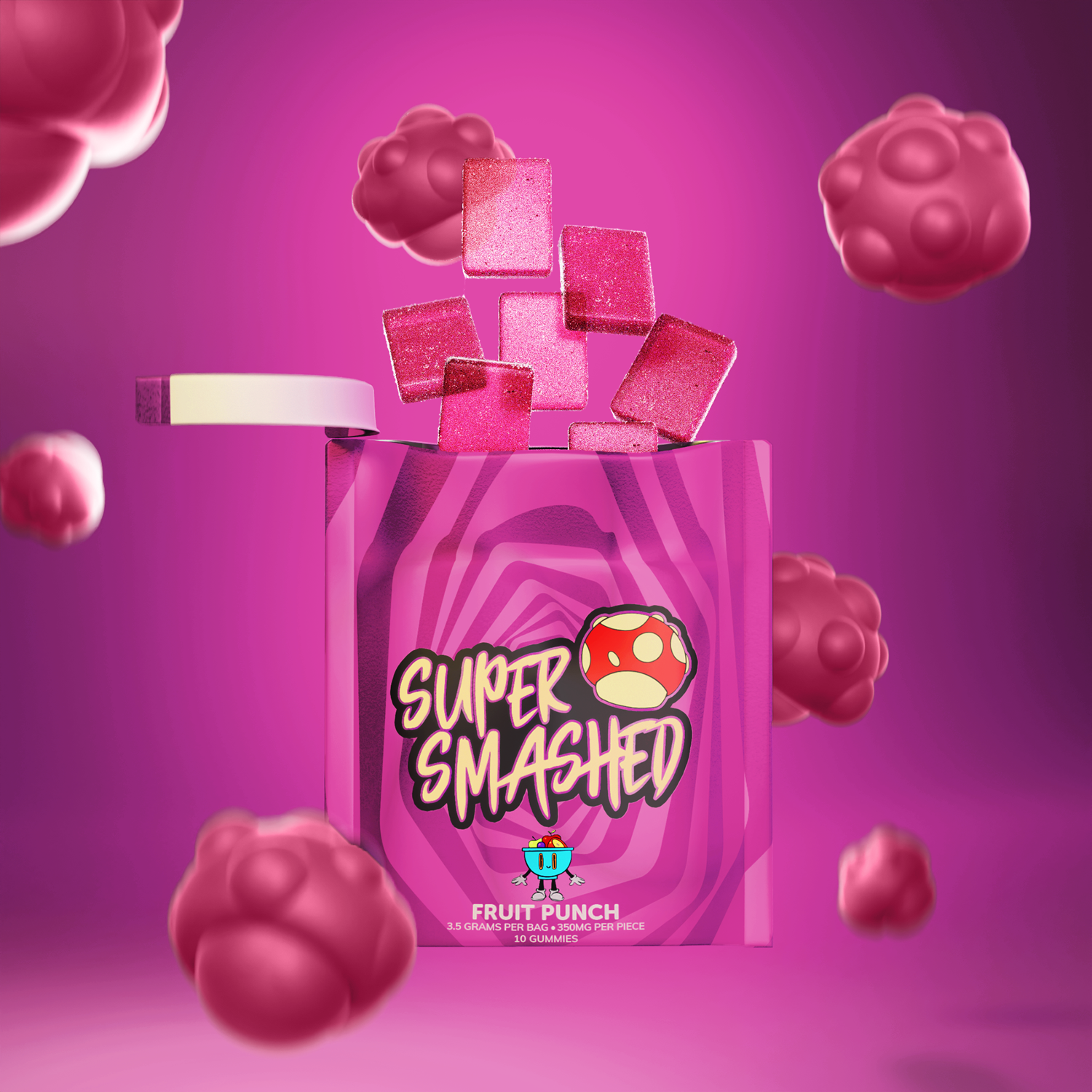 Dive into Fruit Punch Gummies: Tropical, vegan, gluten-free with 375mg per serving for a consistent, joyful, and uplifting flavor journey.
