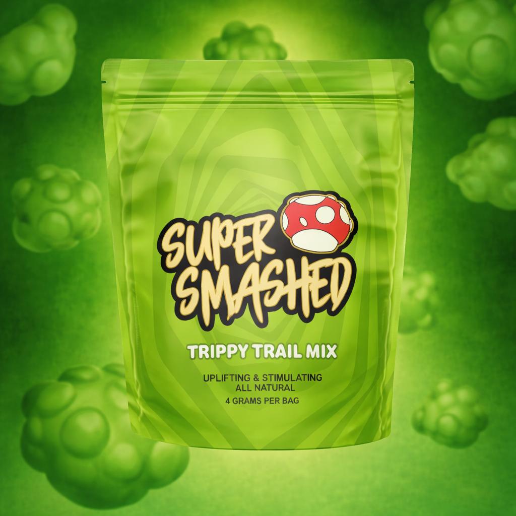 Bright green resealable Super Smashed Trippy Trail Mix pouch shown from the front against a green background.